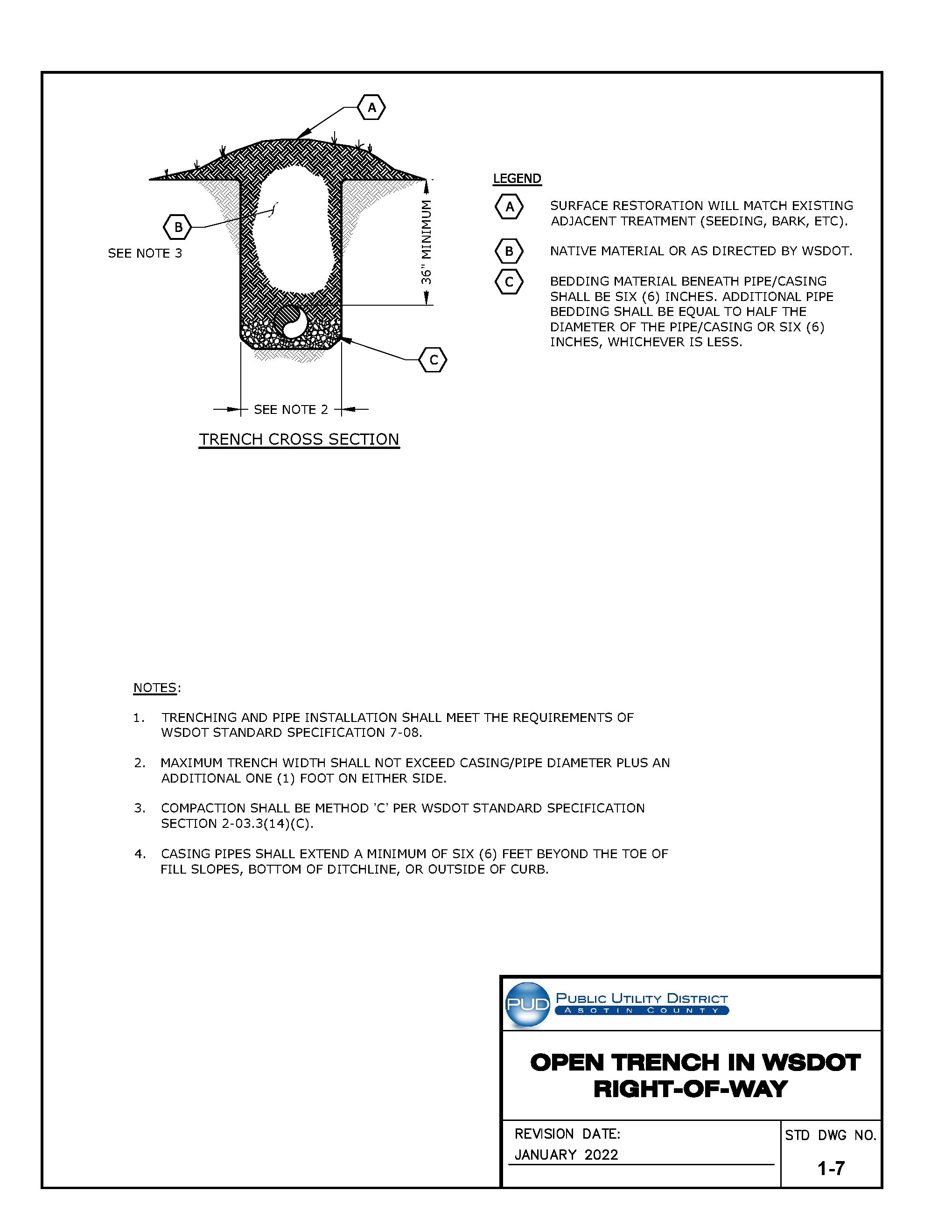 Standard Drawing 1-7 — Open Trench in WSDOT Right-of-Way.