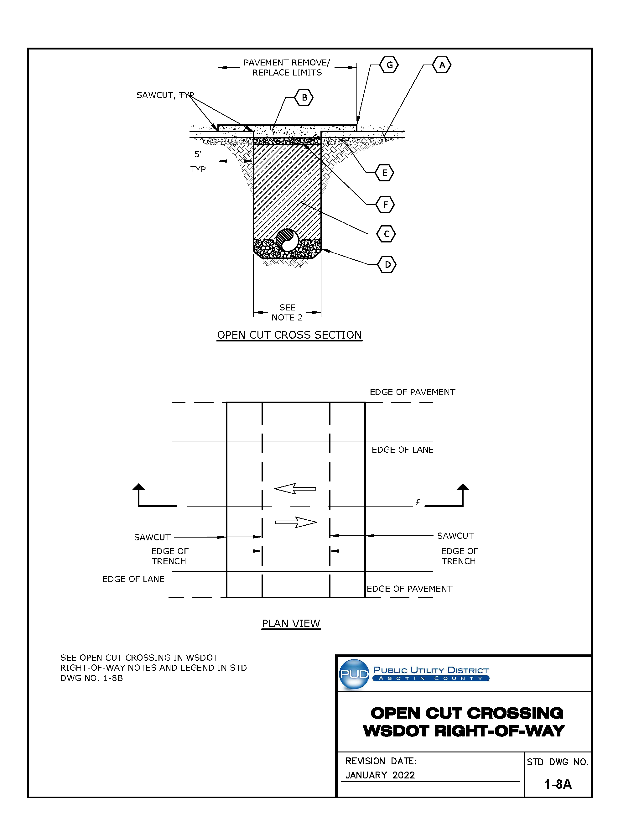 Standard Drawing 1-8A — Open Cut Crossing in WSDOT Right-of-Way.