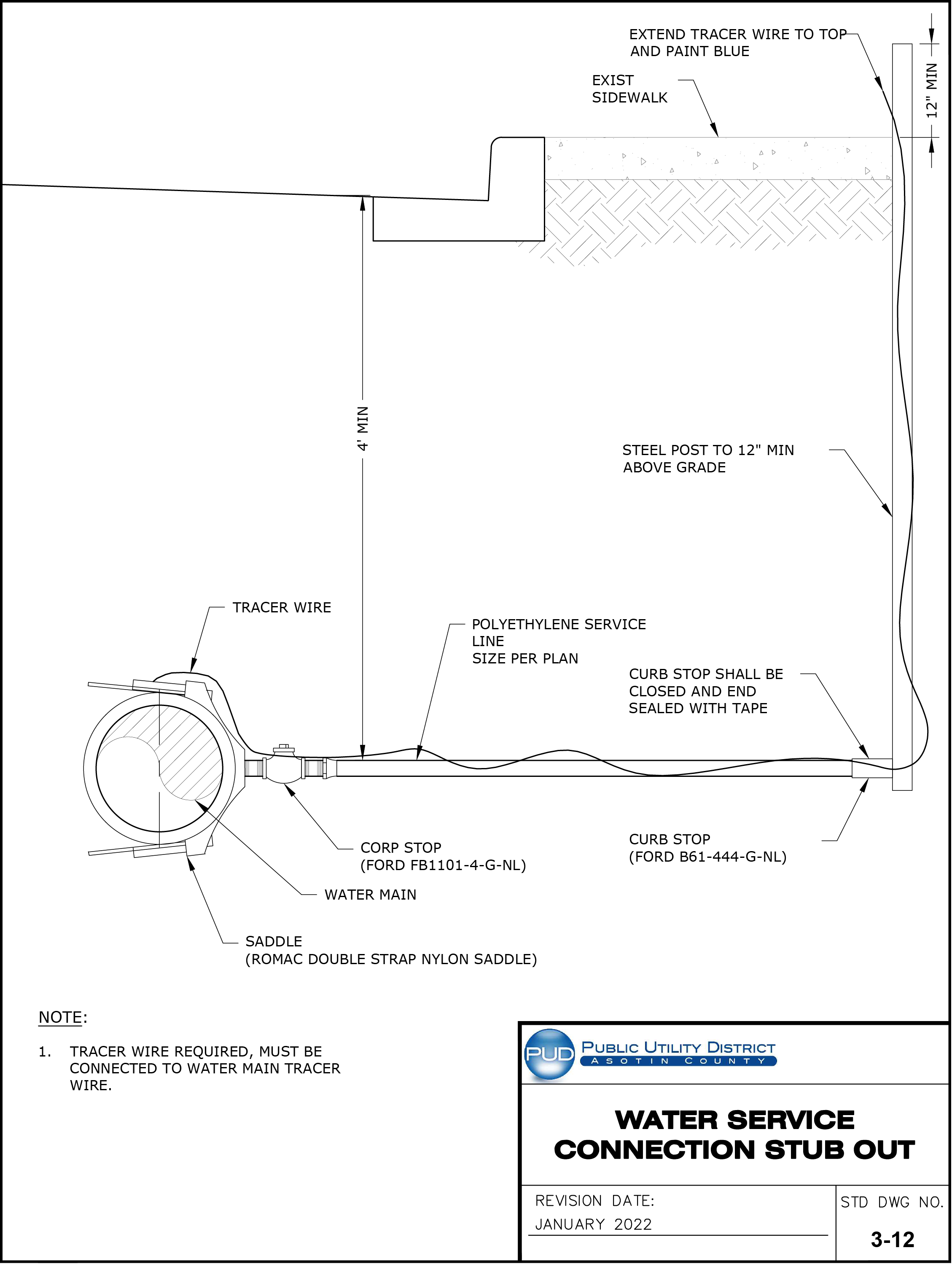 Standard Drawing 3-12 — Water Service Connection Stub Out.